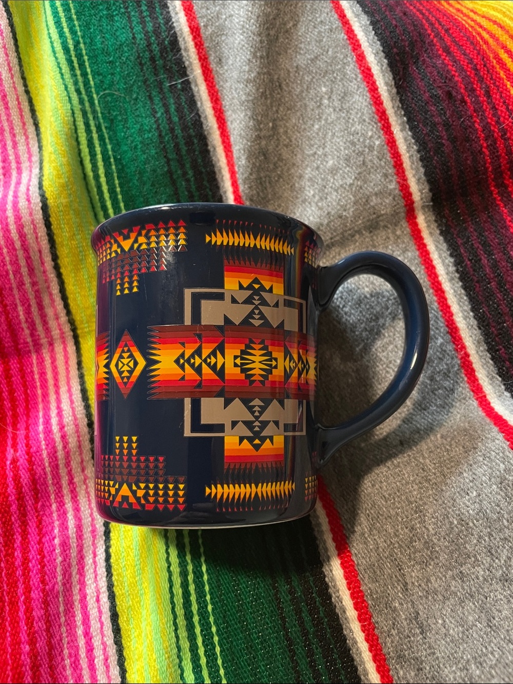 Pendleton Navy Aztec Pattern Ceramic Mug with Red and Yellow Accents